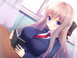 Rule 34 | 1girl, :o, absurdres, black jacket, blazer, blue eyes, blush, book, braid, breasts, brown hair, chair, classroom, collared shirt, commentary request, desk, dutch angle, hair between eyes, hair ribbon, highres, holding, holding book, jacket, large breasts, long hair, long sleeves, looking at viewer, open mouth, original, ribbon, school chair, school desk, school uniform, shirt, shitou kazuaki, sidelocks, sitting, solo, taut clothes, uniform, white shirt, window