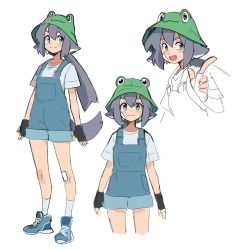 Rule 34 | 1girl, :3, :d, azuumori, bandaid, bandaid on knee, bandaid on leg, blue footwear, blue overalls, fang, fingerless gloves, frog hat, gloves, green eyes, green headwear, grey hair, grey shirt, hat, highres, index finger raised, looking at viewer, multiple views, open mouth, original, overall shorts, overalls, ponytail, shirt, shoes, short sleeves, simple background, smile, socks, standing, white background, white socks