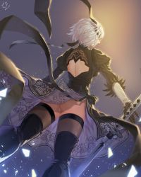 Rule 34 | 1girl, artist name, ass, back cutout, bad perspective, black dress, black gloves, black legwear, clothing cutout, dress, from behind, from below, gloves, highres, nier (series), nier:automata, panties, pantyshot, solo, standing, sword, tanzzi, underwear, weapon, white hair, 2b (nier:automata)