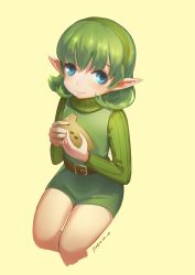 Rule 34 | 1girl, belt, blue eyes, green hair, hairband, highres, instrument, looking at viewer, nintendo, ocarina, overalls, pointy ears, ruru (lulubuu), saria (zelda), short hair, shorts, simple background, sitting, smile, solo, sweater, the legend of zelda, the legend of zelda: ocarina of time