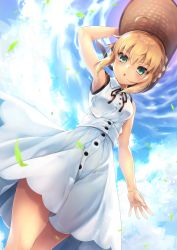 Rule 34 | 1girl, :o, ahoge, alternate costume, arm at side, armpits, artoria pendragon (all), artoria pendragon (fate), bare arms, blonde hair, braid, casual, cloud, cloudy sky, commentary request, contemporary, day, dress, dutch angle, eyes visible through hair, fate/grand order, fate/stay night, fate (series), french braid, from below, green eyes, hair bun, hat, highleg, highleg dress, highres, holding, holding clothes, holding hat, looking at viewer, open mouth, saber (fate), samoore, sidelocks, single hair bun, sky, sleeveless, sleeveless dress, solo, sun hat, white dress, wind
