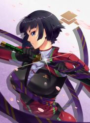 Rule 34 | 1girl, black hair, blue eyes, breasts, cherry blossoms, eyeshadow, highres, holding, holding sheath, holding sword, holding weapon, kagiyama (clave), katana, large breasts, looking at viewer, makeup, original, parted lips, petals, profile, sheath, short hair, solo, sword, unsheathing, weapon