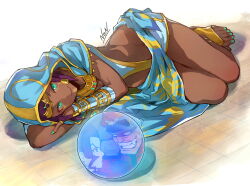 Rule 34 | crystal ball, feet, green nails, highres, hood, jewelry, lying on ground, m. bison, menat, nail polish, non kujoe, rose (street fighter), sandals, street fighter, toes