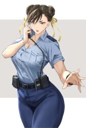 Rule 34 | 1girl, alternate costume, anagumasan, ass, belt, black belt, black hair, blue pants, blue shirt, breast pocket, breasts, button gap, capcom, chun-li, cleavage, double bun, hair bun, hair ribbon, hand up, highres, holding, holding walkie-talkie, large breasts, letterboxed, looking at viewer, open mouth, pants, pocket, police, police uniform, policewoman, pouch, ribbon, shirt, shirt tucked in, solo, street fighter, sweatdrop, teeth, uniform, upper teeth only, walkie-talkie, watch, wide hips, wristwatch, yellow eyes, yellow ribbon