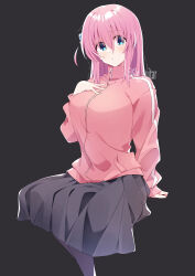 Rule 34 | 1girl, absurdres, black background, black skirt, blue eyes, blush, bocchi the rock!, breasts, closed mouth, cube hair ornament, gotoh hitori, hair between eyes, hair ornament, highres, jacket, large breasts, long hair, long sleeves, one side up, pink hair, pink jacket, pleated skirt, shigure (sigre), simple background, skirt, solo, track jacket, twitter username