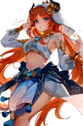 Rule 34 | 1girl, armpits, blue eyes, blue gemstone, blush, breasts, chen ying (alan-yut), circlet, commentary request, detached sleeves, fake horns, gem, genshin impact, goat horns, gold trim, harem outfit, highres, horns, long hair, looking at viewer, medium breasts, navel, nilou (genshin impact), open mouth, partial commentary, red hair, sideboob, simple background, solo, thighlet, veil, vision (genshin impact), white background, white headwear, white veil