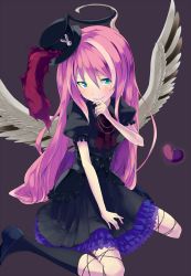 Rule 34 | 1girl, black background, black dress, black legwear, blush, dress, duel monster, finger to own chin, ghostrick angel of mischief, green eyes, hand on own chin, hat, heart, highres, long hair, looking at viewer, multicolored hair, multicolored wings, nail polish, pink hair, purple background, rr (rr2), sitting, smile, solo, very long hair, wariza, white hair, wings, yu-gi-oh!