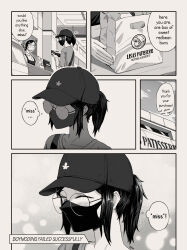 Rule 34 | artist name, artist self-insert, baseball cap, blush, closed eyes, comic, commentary, english text, glasses, hat, highres, mask, mole, mole under eye, monochrome, mouth mask, niio (niiochi), opaque glasses, original, pastry bag, ponytail, round eyewear, short hair, sidelocks, symbol-only commentary, wallet