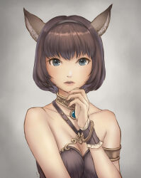 Rule 34 | 1girl, animal ears, armlet, artist name, adventurer (ff11), bare shoulders, blue eyes, blue gemstone, bracelet, breasts, brown hair, cactus41747280, cat ears, cat girl, cleavage, collarbone, final fantasy, final fantasy xi, fingernails, gem, gold choker, hand up, highres, jewelry, looking at viewer, medium breasts, mithra (ff11), open mouth, pink lips, short hair, solo, upper body