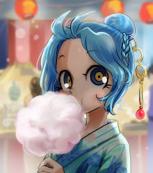 Rule 34 | 1girl, alternate costume, alternate hairstyle, blue eyes, blue hair, braid, chamaji, close-up, collarbone, commentary request, cotton candy, eating, festival, food, hair bun, hair up, hand up, holding, holding food, japanese clothes, jewelry, kimono, kumoi ichirin, lantern, looking at viewer, market stall, multicolored eyes, outdoors, paper lantern, ring, ring hair ornament, single hair bun, touhou, upper body, yellow eyes