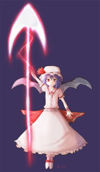 Rule 34 | 1girl, bat wings, energy weapon, female focus, hat, hat ribbon, looking at viewer, mob cap, pink eyes, puffy short sleeves, puffy sleeves, red eyes, remilia scarlet, ribbon, shiki (artist), shiki (no-reply), short hair, short sleeves, solo, spear the gungnir, standing, touhou, wings