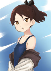 Rule 34 | abe kanari, blue background, blue one-piece swimsuit, brown eyes, brown hair, hair ribbon, jacket, kantai collection, looking at viewer, one-piece swimsuit, open mouth, ponytail, ribbon, school swimsuit, shikinami (kancolle), short ponytail, solo, swimsuit, two-tone background, upper body, white jacket