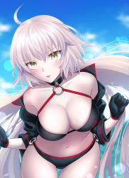 Rule 34 | 1girl, ahoge, artist name, bare shoulders, bikini, black bikini, black jacket, blue sky, blush, breasts, cleavage, collar, cowboy shot, day, fate/grand order, fate (series), gloves, hair between eyes, highres, jacket, jeanne d&#039;arc alter (swimsuit berserker) (fate), jeanne d&#039;arc (fate), jeanne d&#039;arc alter (fate), jeanne d&#039;arc alter (swimsuit berserker) (fate), light particles, long hair, long sleeves, looking at viewer, navel, neck, ocean, omizu (omz), shrug (clothing), signature, sky, solo, standing, stomach, swimsuit, thighs, tongue, tongue out, white hair, yellow eyes