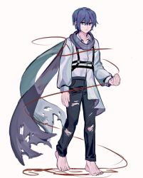 Rule 34 | 1boy, 25-ji kaito, barefoot, blue eyes, blue hair, ka i to0, kaito (vocaloid), long sleeves, male focus, project sekai, scarf, solo, strap, thread, torn clothes, torn scarf, vocaloid, walking, white background
