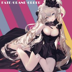 Rule 34 | 1girl, absurdres, arm support, bare shoulders, barefoot, black dress, black gloves, blonde hair, blue eyes, breasts, character request, cleavage, copyright name, dress, fate/grand order, fate (series), gloves, grandia lee, hair ornament, head tilt, highres, long hair, marie antoinette (alter) (fate), marie antoinette (fate), medium breasts, shiny skin, short dress, simple background, sleeveless, sleeveless dress, solo, striped, striped background, toes