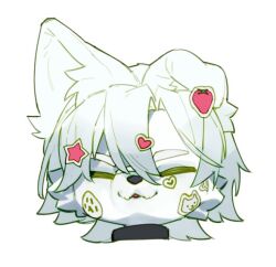 1boy animal_collar animal_ears baiq bandaid bandaid_on_face bandaid_on_nose black_collar bone_sticker closed_eyes collar dog_boy dog_ears dog_sticker facing_viewer food-themed_hair_ornament furry furry_male grey_hair hair_between_eyes hair_ornament head_only heart_sticker heart_stickers highres jewelry male_focus original parted_lips paw_sticker short_hair simple_background smile solo star_sticker sticker sticker_on_face strawberry_hair_ornament strawberry_sticker upper_body white_background white_fur