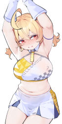 Rule 34 | 1girl, ahoge, armpits, blonde hair, blue archive, blush, breasts, cheerleader, cowboy shot, gloves, halo, highres, kotori (blue archive), kotori (cheer squad) (blue archive), large breasts, long hair, millennium cheerleader outfit (blue archive), navel, official alternate costume, open mouth, painterliuhao, red eyes, short twintails, simple background, skirt, solo, twintails, white background, white gloves, white skirt, yellow halo