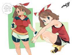 Rule 34 | 1girl, absurdres, artist name, black eyes, black shorts, breasts, brown hair, creatures (company), english text, feet out of frame, game freak, gloves, highres, looking at viewer, may (pokemon), medium breasts, medium hair, multiple views, nintendo, pokemon, pokemon oras, pokemon rse, red shirt, shirt, shoes, short sleeves, shorts, sleeveless, sleeveless shirt, speech bubble, squatting, standing, whoopsatro, yellow footwear