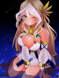Rule 34 | 1girl, andromeda (fate), andromeda (first ascension) (fate), blonde hair, braid, breasts, crown braid, detached sleeves, fate/grand order, fate (series), green eyes, grin, highres, large breasts, long hair, one eye closed, shooting star, smile, wagu neru, water