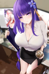 Rule 34 | 1girl, black skirt, blunt bangs, blush, breasts, cleavage, closed mouth, cup, flower, genshin impact, hair flower, hair ornament, head tilt, highres, holding, holding cup, indoors, large breasts, liu liaoliao, long hair, looking at viewer, mole, mole under eye, multiple moles, nail polish, pencil skirt, purple eyes, purple flower, purple hair, raiden shogun, shirt, skirt, smile, solo, standing, very long hair, white shirt, yae miko
