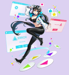 Rule 34 | 1girl, :d, absurdres, adjusting eyewear, ankle boots, black footwear, black hair, black pants, black sports bra, blue bow, blue eyes, blue jacket, boots, bow, closers, cropped jacket, cross-laced footwear, error message, floating hair, full body, gloves, goggles, goggles on head, hair bow, hands on own head, heart, highres, jacket, jumping, lace-up boots, leather, leather pants, leg up, long hair, long sleeves, multicolored clothes, multicolored jacket, navel, official art, open clothes, open jacket, open mouth, pants, partially fingerless gloves, play button, ponytail, puffy long sleeves, puffy sleeves, purple background, smile, solo, spoken heart, spoken star, spoken thumbs up, sports bra, star (symbol), tachi-e, two-tone jacket, very long hair, white gloves, white jacket, window (computing), yuri seo, zipper, zipper pull tab