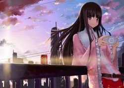 Rule 34 | 1girl, bad id, bad pixiv id, belt, building, can, city, cloud, evening, female focus, floating hair, frilled sleeves, frills, handheld game console, houraisan kaguya, linsert, long hair, looking at viewer, pink eyes, playstation portable, sky, solo, sunset, touhou, twilight, wide sleeves, wind