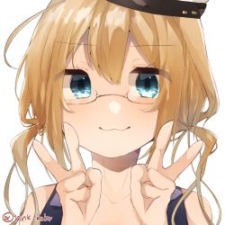 Rule 34 | 1girl, :3, black one-piece swimsuit, blonde hair, blue eyes, blush, double v, glasses, hair between eyes, hat, highres, i-8 (kancolle), kantai collection, long hair, looking at viewer, low twintails, nonko (nnk knkr), one-hour drawing challenge, one-piece swimsuit, red-framed eyewear, sidelocks, simple background, smile, solo, swimsuit, twintails, twitter username, v, white background