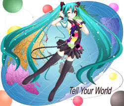 Rule 34 | 1girl, aqua hair, armpits, boots, globe, hatsune miku, headset, highres, kazzha, long hair, necktie, red eyes, skirt, solo, tell your world (vocaloid), thigh boots, thighhighs, twintails, very long hair, vocaloid, wink
