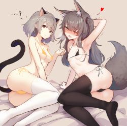 Rule 34 | 2girls, ;d, ?, absurdres, animal ears, arm support, arm up, armpits, ass, bare arms, bare shoulders, bikini, black bikini, black legwear, black ribbon, blush, breasts, cat ears, cat girl, cat tail, closed mouth, collarbone, commentary request, covered erect nipples, expressionless, fox ears, fox girl, fox tail, girls&#039; frontline, grey background, grey hair, heart, heart-shaped pupils, highres, kemonomimi mode, long hair, looking at viewer, medium breasts, micro bikini, motion lines, multiple girls, nai (daiduolaoge), nose blush, one eye closed, one side up, open mouth, paw pose, reclining, ribbon, short hair, side-tie bikini bottom, simple background, small breasts, smile, swimsuit, symbol-shaped pupils, tail, thighhighs, trembling, ump45 (girls&#039; frontline), vector (girls&#039; frontline), white legwear, yellow bikini, yellow eyes, yellow ribbon