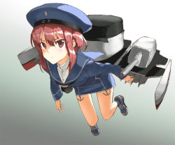 Rule 34 | &gt;:(, 10s, 1girl, clothes writing, frown, full body, gradient background, hat, kantai collection, leaning forward, long sleeves, machinery, red eyes, red hair, sailor collar, sailor hat, shirubaburu, short hair, sidelocks, solo, turret, v-shaped eyebrows, z3 max schultz (kancolle)