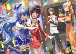 Rule 34 | 1boy, 3girls, :3, :d, absurdres, animal ears, apron, aqua (konosuba), aqua bow, aqua bowtie, bare shoulders, bat ears, belt, birthday, birthday cake, black cat, black pants, black shirt, blue eyes, blue footwear, blue hair, blue shirt, blue skirt, blurry, blurry background, blush, boots, bottle, bouquet, bow, bowtie, braid, breasts, brooch, brown belt, brown footwear, brown hair, bunting, cake, candle, cat, chomusuke, cleavage, commentary, confetti, cross-laced clothes, crown braid, cup, darkness (konosuba), door, dress, dutch angle, elbow gloves, fake text, film grain, fireworks, floating hair, flower, food, fruit, gloves, green eyes, grey skirt, hair between eyes, hair over shoulder, happy birthday, hat, heart, high heel boots, high heels, highres, holding, holding bouquet, holding cake, holding food, holding plate, hug, hug from behind, indoors, isome, jewelry, kono subarashii sekai ni shukufuku wo!, large breasts, layer cake, long hair, looking at another, looking at viewer, megumin, mug, multiple girls, off-shoulder dress, off shoulder, open door, open mouth, orange apron, pants, plate, pleated skirt, red dress, red eyes, red flower, red rose, rose, satou kazuma, shirt, short dress, short hair, short hair with long locks, sidelocks, single hair ring, skirt, sleeveless, sleeveless shirt, small breasts, smile, sparkle, sparkler, staff, star (symbol), strawberry, strawberry shortcake, table, thigh boots, thighhighs, thighhighs under boots, translated, tunic, turtleneck, very long hair, very long sleeves, white gloves, white shirt, white thighhighs, window, wine bottle, witch hat, yellow eyes