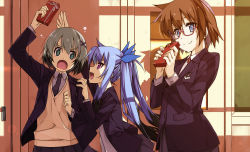 Rule 34 | 3girls, arms up, black jacket, black neckwear, blazer, blue eyes, blue hair, blue ribbon, brown hair, closed mouth, lord dearche, dress shirt, emblem, fang, frown, gift, glasses, green eyes, grey hair, grey shirt, hair ornament, hair ribbon, highres, holding, holding gift, indoors, jacket, levi the slasher, long hair, long sleeves, lyrical nanoha, mahou shoujo lyrical nanoha innocent, multiple girls, neck ribbon, necktie, open clothes, open jacket, open mouth, private ten&#039;ou middle school uniform, purple eyes, reaching, red-framed eyewear, red ribbon, ribbon, school uniform, semi-rimless eyewear, shikei, shirt, short hair, smile, stern the destructor, sweater, twintails, under-rim eyewear, v-neck, white sweater, wing collar, x hair ornament