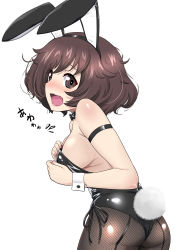 Rule 34 | 1girl, absurdres, akiyama yukari, animal ears, ass, back-seamed legwear, black bow, black bowtie, black leotard, black pantyhose, bow, bowtie, breasts, brown eyes, brown hair, commentary request, cowboy shot, embarrassed, fake animal ears, fishnet pantyhose, fishnets, girls und panzer, highres, leotard, looking at viewer, medium breasts, messy hair, open mouth, pantyhose, playboy bunny, rabbit ears, rabbit tail, seamed legwear, shiina excel, short hair, sideboob, simple background, solo, strapless, strapless leotard, tail, white background, wrist cuffs
