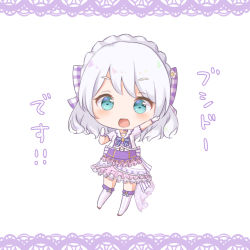 Rule 34 | 1girl, :d, alternate hairstyle, aqua eyes, arm up, back bow, bang dream!, blush, border, bow, braid, catchphrase, chibi, commentary request, crown braid, dress, frilled dress, frills, gloves, hair bow, lace, lace border, looking at viewer, nut megu, open mouth, ornate border, over-kneehighs, plaid, plaid bow, purple thighhighs, short sleeves, simple background, smile, solo, striped bow, striped clothes, striped thighhighs, thighhighs, translation request, wakamiya eve, white background, white gloves, white hair