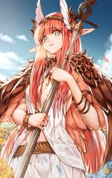 Rule 34 | 1girl, absurdres, circe (fate), fate/grand order, fate (series), flower, green eyes, greypaladin, highres, long hair, pink hair, pointy ears, sky, solo, staff, wings
