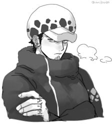 Rule 34 | 1boy, ani3nrtm, black hair, breath, closed mouth, coat, crossed arms, earrings, facial hair, finger tattoo, greyscale, hat, high collar, highres, jewelry, long sleeves, male focus, monochrome, official alternate costume, one piece, short hair, simple background, solo, spots, tattoo, trafalgar law, twitter username, white background, winter clothes, winter coat