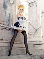 Rule 34 | 1girl, 3d, arm garter, blonde hair, blue eyes, broom, choker, elbow gloves, gloves, high heels, incise soul, lace, legs, lips, m-rs, maid, mop, rukia (incise soul), shoes, solo, thighhighs, twintails