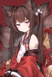 Rule 34 | 1girl, 7gao, amagi-chan (azur lane), animal ears, armpit peek, azur lane, bell, black hair, black pantyhose, blunt bangs, collarbone, commentary request, empty eyes, eyes visible through hair, eyeshadow, fox ears, fox girl, fox tail, from side, grey eyes, head tilt, highres, japanese clothes, kimono, kitsune, kyuubi, long hair, looking at viewer, looking to the side, makeup, manjuu (azur lane), multiple tails, off shoulder, pantyhose, red background, revision, seiza, sidelocks, simple background, sitting, solo, tail, thick eyebrows, twintails, wide sleeves