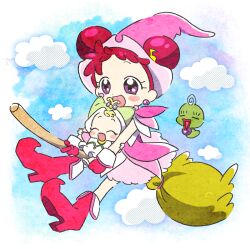 Rule 34 | 2girls, baby, blonde hair, blush, boots, broom, broom riding, closed eyes, commentary request, double bun, dress, earrings, fortissimo, gloves, hair bun, hair ornament, harukaze doremi, hat, holding, holding another&#039;s arm, holding baby, holding broom, hoppetoonaka3, jewelry, magical girl, majorika, makihatayama hana, multiple girls, musical note, musical note hair ornament, ojamajo doremi, open mouth, pink dress, pink footwear, pink gloves, pink headwear, pointy footwear, purple eyes, red hair, short bangs, sky, smile, witch hat