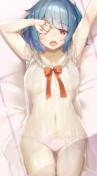 Rule 34 | 1girl, arms up, bed sheet, blue hair, bow, breasts, collarbone, commentary request, cowboy shot, dress, from above, highres, large breasts, looking at viewer, lying, navel, on back, open mouth, panties, piyodesu, red bow, red eyes, see-through, short hair, solo, stomach, tatara kogasa, tears, thighs, touhou, underwear, white panties