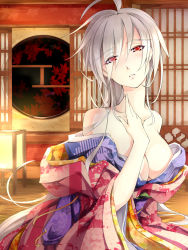 Rule 34 | 1girl, ahoge, architecture, asutora, breasts, cleavage, east asian architecture, hand on own chest, head tilt, highres, indoors, japanese clothes, kimono, large breasts, long hair, long neck, looking at viewer, off shoulder, red eyes, silver hair, solo, vocaloid, yowane haku