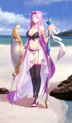 Rule 34 | 1girl, absurdly long hair, armband, beach, bikini, black bikini, black thighhighs, blue sky, breasts, cleavage, cloud, collarbone, fate/grand order, fate (series), feet, female focus, full body, garter straps, high heel sandals, high heels, highres, holding, holding shield, holding staff, jewelry, large breasts, long hair, looking at viewer, matching hair/eyes, medusa (fate), medusa (rider) (fate), midriff, minami koyogi, navel, necklace, purple eyes, purple hair, sandals, sarong, shield, sky, smile, solo, square pupils, staff, standing, swimsuit, thighhighs, toeless footwear, toes, very long hair, water