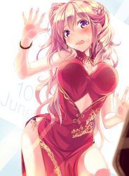 Rule 34 | 1girl, bare hips, blonde hair, blush, braid, breasts, china dress, chinese clothes, dress, earrings, fang, haruka natsuki, jewelry, june, large breasts, long hair, looking at viewer, open mouth, original, pressing, solo, tears