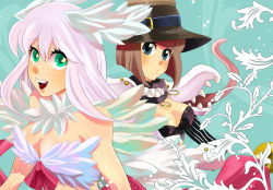Rule 34 | 2girls, armor, belt, blue belt, blue eyes, bob cut, bow, bra, breasts, brown hair, brown headwear, cleavage, closed mouth, commentary request, feathered wings, feathers, genetic (ragnarok online), green eyes, hair between eyes, hat, hat belt, head wings, large breasts, living clothes, long hair, looking at viewer, medium breasts, multiple girls, open mouth, otsuki (tm3n), pauldrons, pink hair, ragnarok online, red bow, short hair, shoulder armor, teeth, tongue, underwear, upper body, wanderer (ragnarok online), white bra, white wings, wings