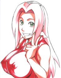 Rule 34 | 1girl, alternate breast size, bare shoulders, breasts, covered erect nipples, female focus, fingernails, from side, green eyes, green nails, grin, hand up, haruno sakura, headband, headdress, impossible clothes, impossible shirt, konohagakure symbol, large breasts, long hair, looking at viewer, looking to the side, nail polish, naruto, naruto (series), parted lips, pink hair, red shirt, shirt, simple background, sleeveless, sleeveless shirt, smile, solo, sunahara wataru, teeth, traditional media, upper body, upper teeth only, v, white background, white headband, white headwear, zipper