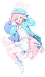 Rule 34 | 1girl, ;o, absurdres, alternate costume, aqua jacket, bloomers, blue archive, camisole, halo, highres, hood, hooded jacket, hoshino (blue archive), hugging doll, hugging object, jacket, long hair, looking at viewer, meunhongcha, one eye closed, pink hair, simple background, solo, stuffed orca, underwear, very long hair, white bloomers, white camisole