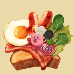 Rule 34 | bacon, blush stickers, bread, bread slice, brown background, chef hat, cook kirby, food, food focus, fried egg, fried egg on toast, frying pan, hat, highres, holding, holding frying pan, kirby, kirby (series), lettuce, maxim tomato, miclot, nintendo, open mouth, sausage, simple background, toast, tomato