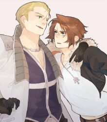 Rule 34 | 2boys, belt, belt buckle, black gloves, black jacket, black pants, blonde hair, blue eyes, blue shirt, blush, brown hair, buckle, coat, cropped jacket, earrings, final fantasy, final fantasy viii, fur trim, gloves, grey background, hair slicked back, hand grab, hand on another&#039;s shoulder, highres, implied yaoi, jacket, jewelry, leather belt, long coat, male focus, midriff, midriff peek, multiple boys, navel, necklace, nini tw99, open clothes, open coat, open mouth, pants, scar, scar on face, scar on forehead, seifer almasy, shirt, short hair, simple background, smile, squall leonhart, standing, stud earrings, v-neck, white coat, white shirt, yaoi