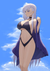 Rule 34 | 1girl, absurdres, azur lane, belfast (azur lane), bikini, blue sky, breasts, choker, cleavage, cloud, cloudy sky, highres, large breasts, legs, long hair, lordol, navel, partially undressed, purple eyes, sky, slingshot swimsuit, solo, standing, stomach, swimsuit, thighs, very long hair, white hair