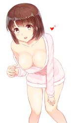 Rule 34 | 1girl, areola slip, bad id, bad pixiv id, bare legs, breasts, brown eyes, brown hair, c8oyk, collarbone, downblouse, dress, extended downblouse, feet out of frame, hanging breasts, heart, katou megumi, leaning forward, long sleeves, looking at viewer, medium breasts, nipple slip, nipples, no bra, off shoulder, pink dress, pink sweater, saenai heroine no sodatekata, shiny skin, short hair, simple background, single bare shoulder, solo, standing, sweater, sweater dress, tareme, white background